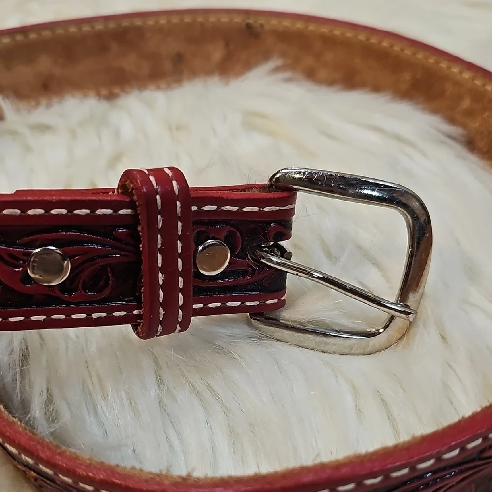 ACME Red Embossed Leather Belt - Size 28